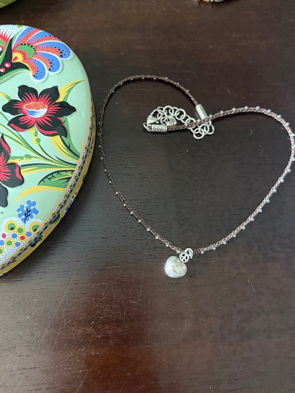 Brighton Silver Heart Charm Beaded Necklace Brown leather choker